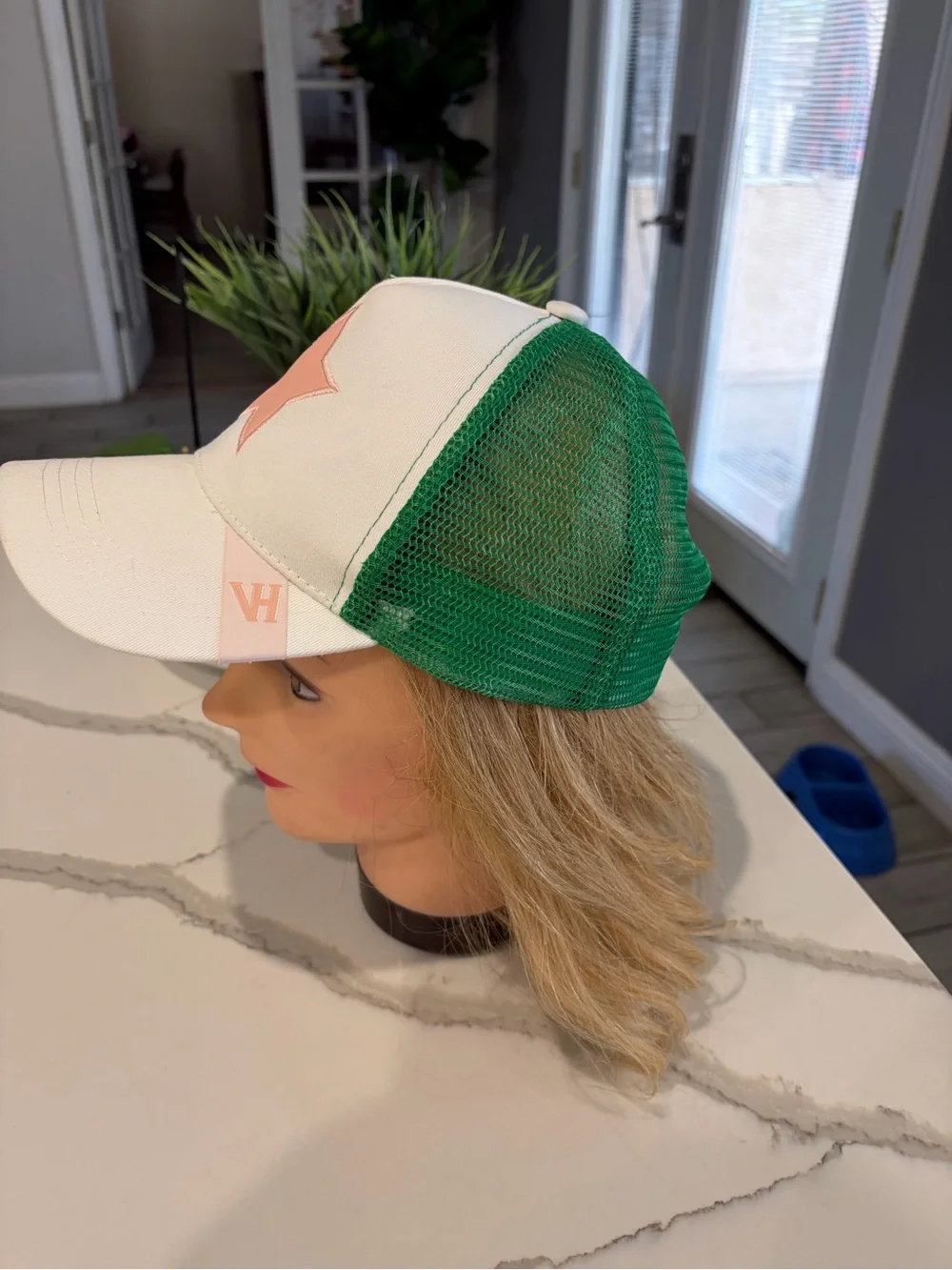Vintage Havana White & Green Trucker Hat with Pink Star OS